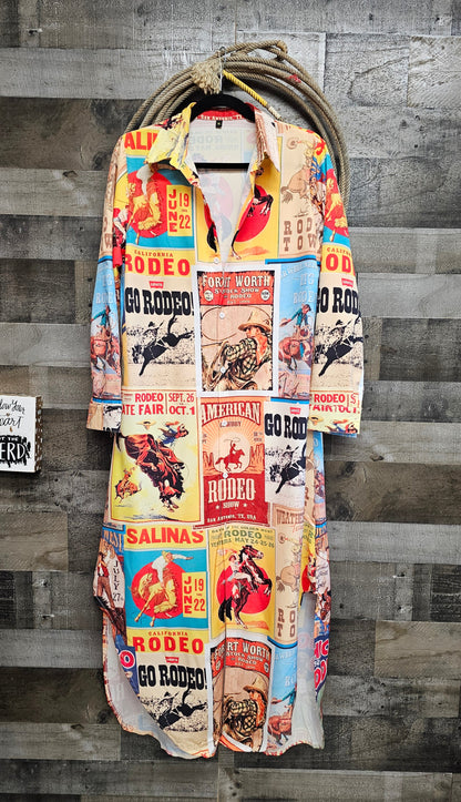 Vintage Rodeo Poster Button-Up Long Sleeve Shirt Duster Dress