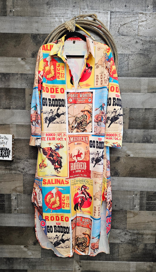 Vintage Rodeo Poster Button-Up Long Sleeve Shirt Duster Dress