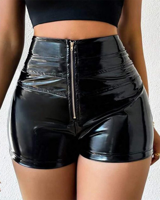 PU High-Waisted Elastic Splicing Shorts