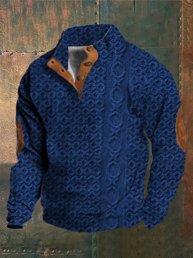 Men's Western Vintage Knitted Jacquard Print Stand Collar Button Sweatshirt