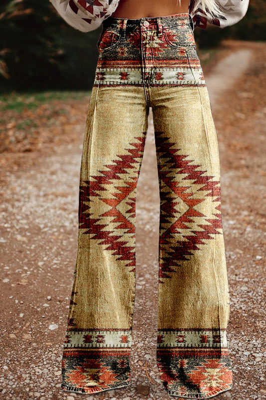 Retro Western Aztec Printed Wide Leg Pants