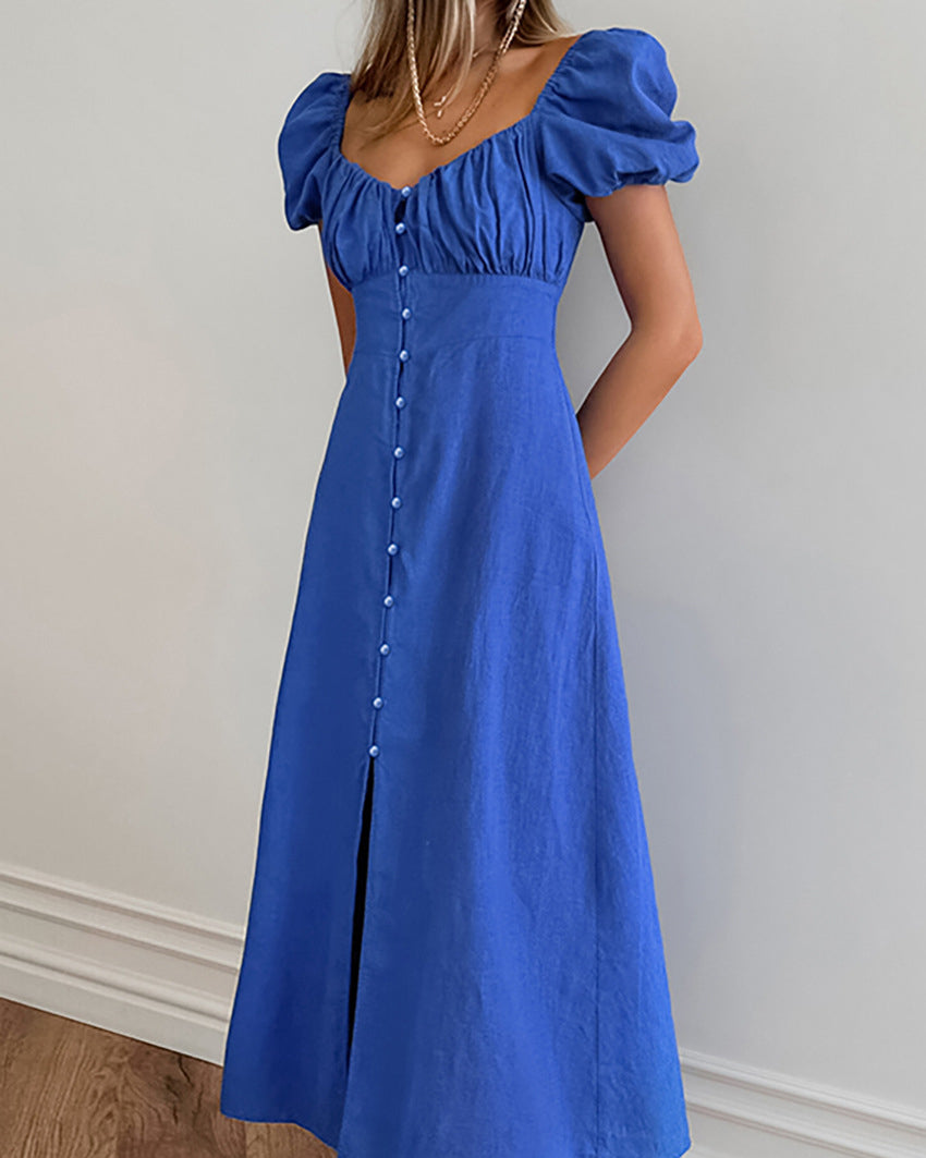 Solid Color Puff Sleeve Square Neck Dress