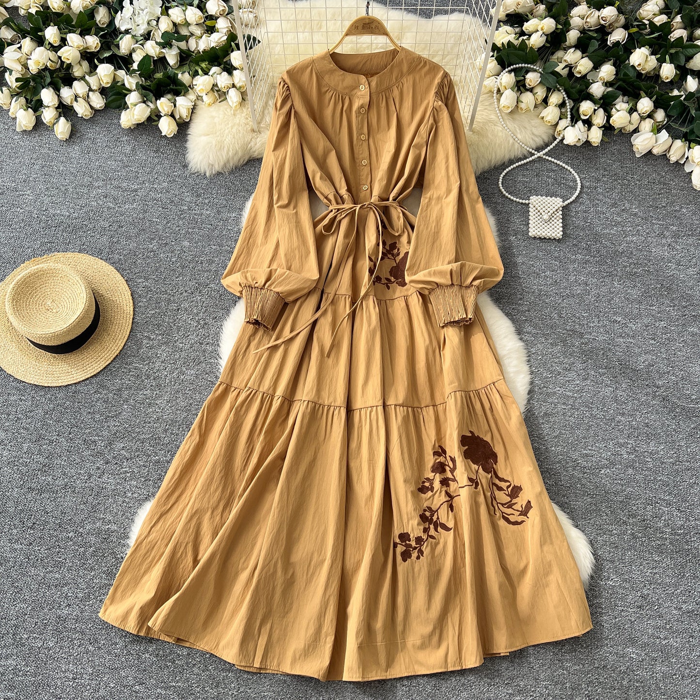 Waist-slimming Single-breasted Temperament Rose Embroidery Long Dresses