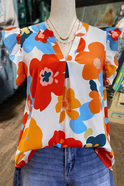 Floral Print Notched Ruffle Sleeve Top