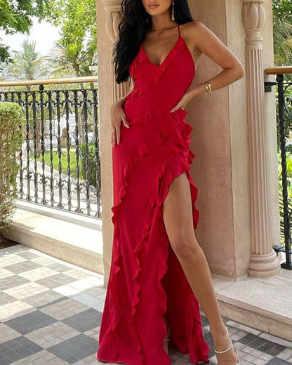 Sexy V-Neck Strapless Side Slit Backless Dress