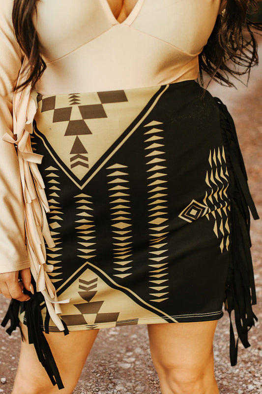 Retro Western Aztec Pattern Fringe Skirt