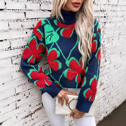 3D Flocked Flower Pattern Sweater For Women Autumn And Winter Lapel Knitted Sweater Top