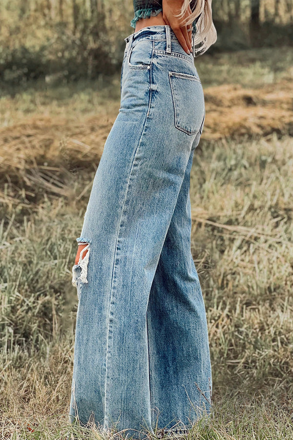 Vintage Washed Ripped Wide Leg Jeans