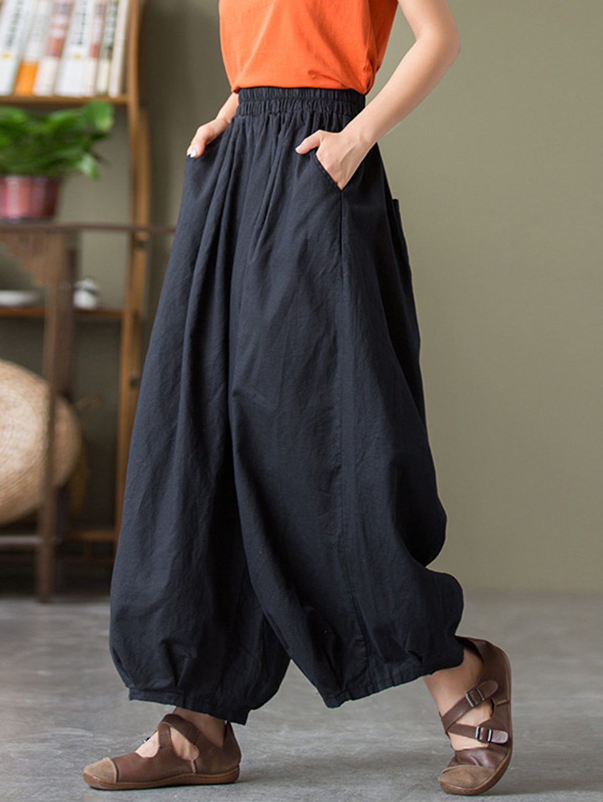 Casual Solid Slant Pocket Elastic Waist Wide Leg Pants