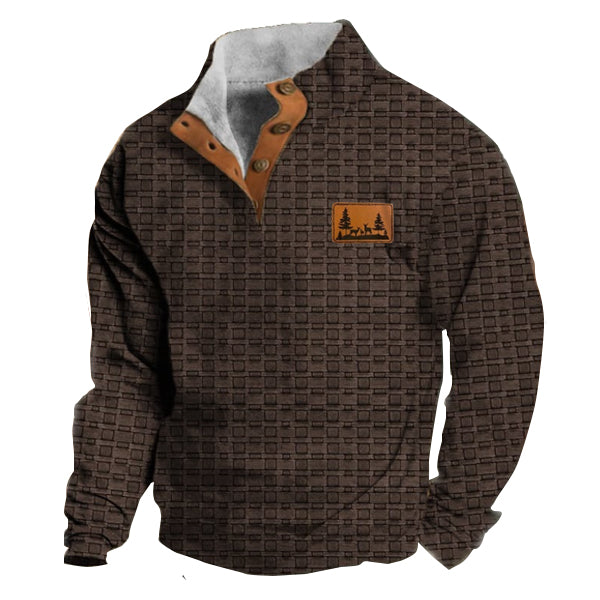 Men's Vintage Country Forest Elk Logo Waffle Jacquard Print Henley Stand Collar Sweatshirt Hunting Top