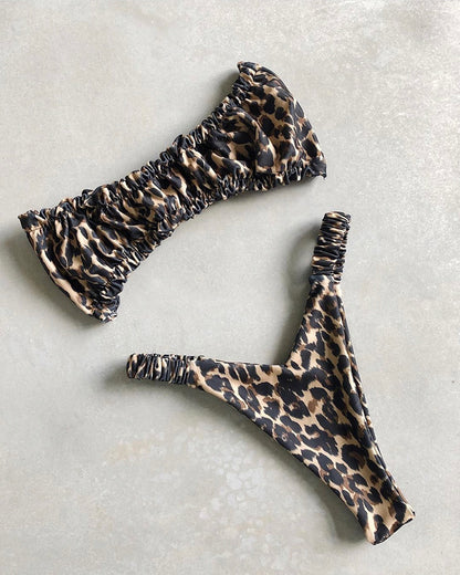 Leopard-print bandeau bikini set