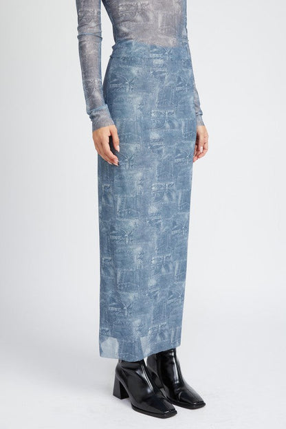 Denim Print Mesh Maxi Skirt