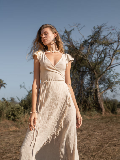 Wrap-style asymmetrical dress/Bohemian goddess dress/Bohemian fringed dress/Off-white summer dress