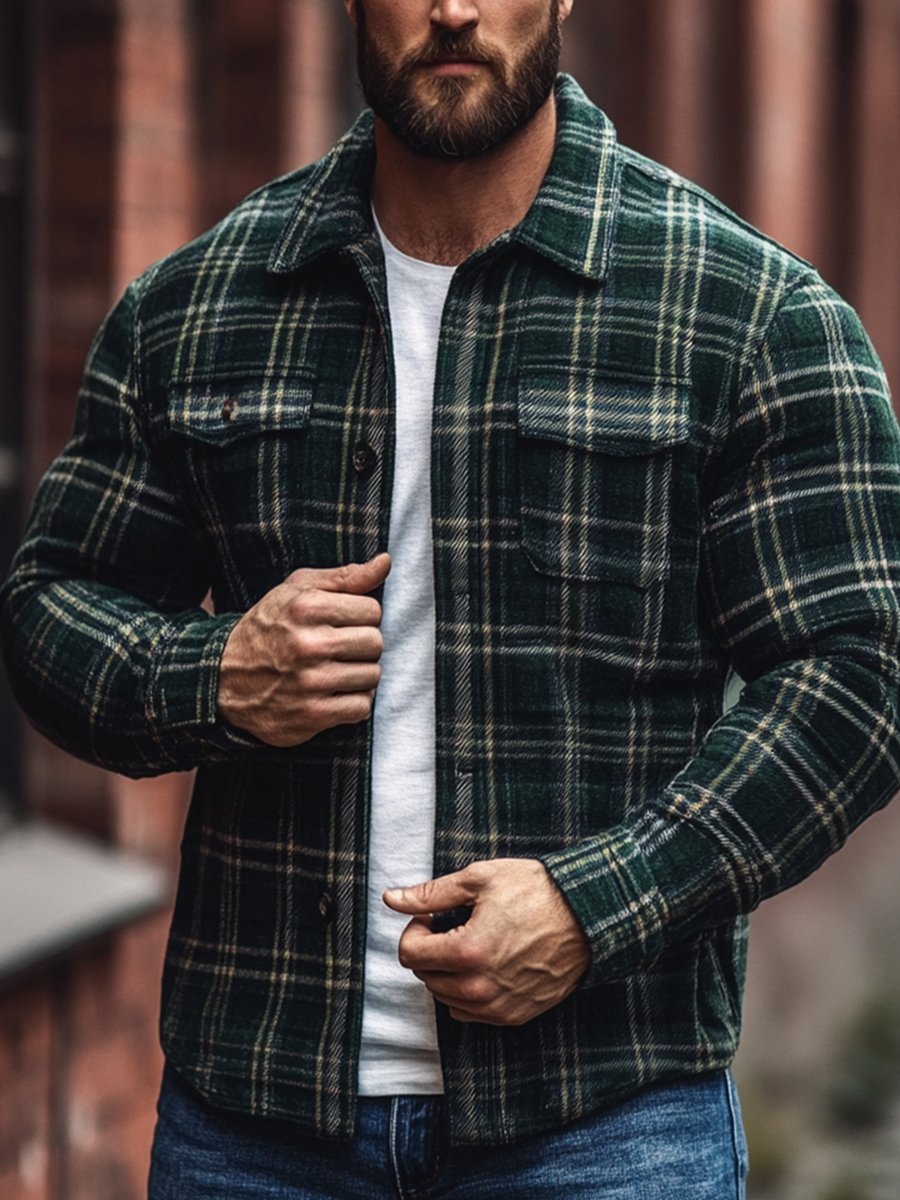 Men's Casual Jacket Autumn Plaid Print Long Sleeve Jacket