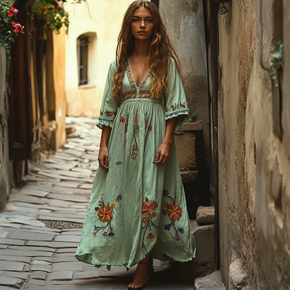 Women's Outdoor Vacation Bohemian Flower Embroidered Dress