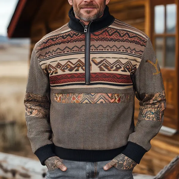 Men's Retro Yellowstone Ethnic Style Pattern Print Zipper Stand Collar Outdoor Sweatshirts