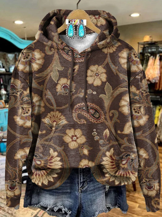 Vintage Brown Folk Floral Art Print Casual Hoodie Sweatshirt