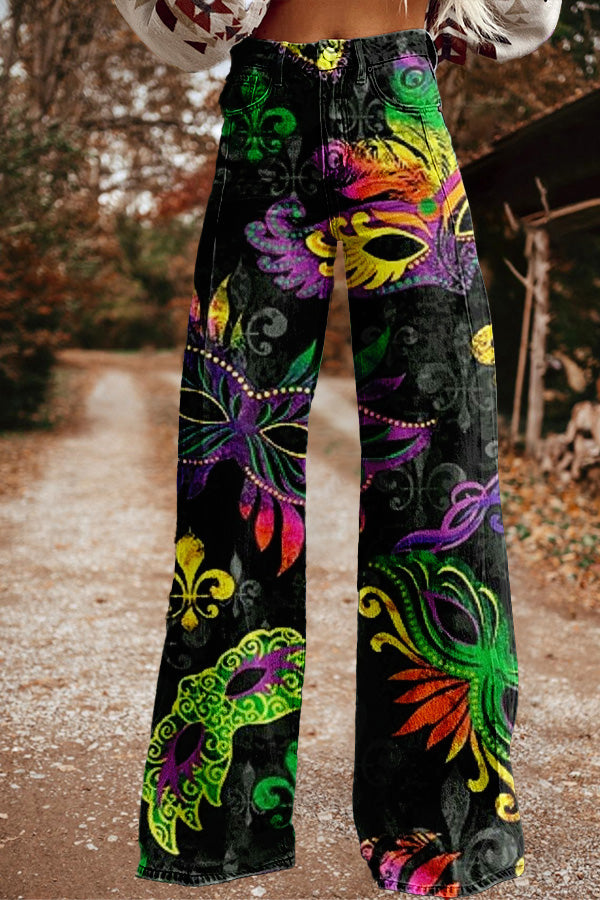 Vintage Mardi Gras Print Wide Leg Trousers