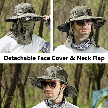 UPF 50+ Sun Fishing Hat for Men Women Wide Brim Hat with Detachable Face Cover & Neck Flap Khaki