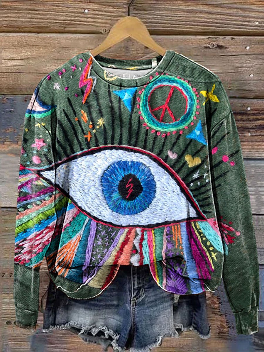 Vintage Good Luck Love and Peace Eyes Print Casual Sweatshirt