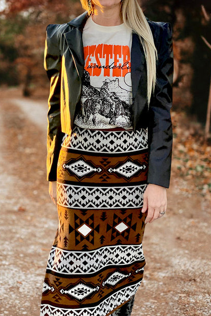 Trendy Aztec Printed Slit Knitted Skirt