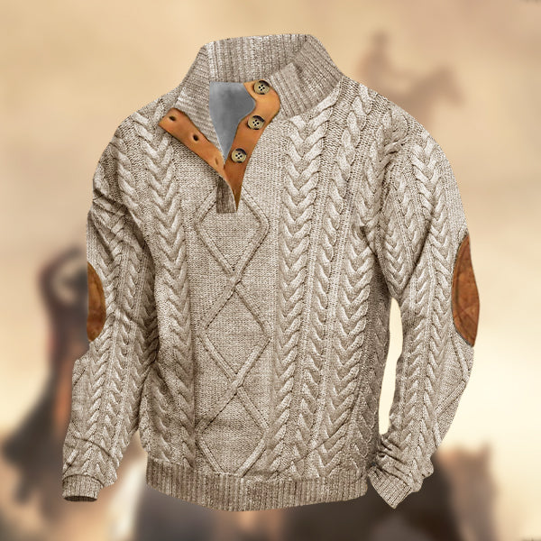 Men's Casual RetroWestern Knitt Prints Stand Collar Button Sweatshirt