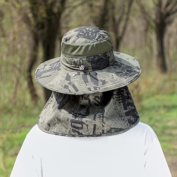 UPF 50+ Sun Fishing Hat for Men Women Wide Brim Hat with Detachable Face Cover & Neck Flap Khaki