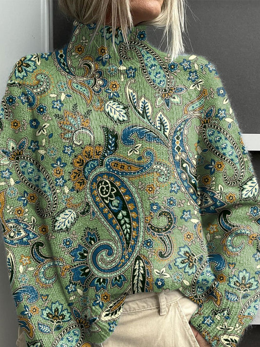 Paisley Pattern Art Print Knit Turtleneck Pullover Sweater