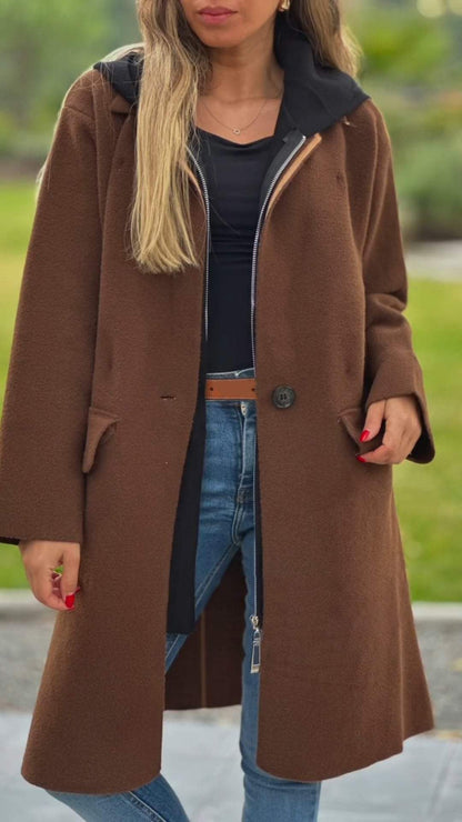 Women's Hooded Long Sleeve Contrast Color Long Coat