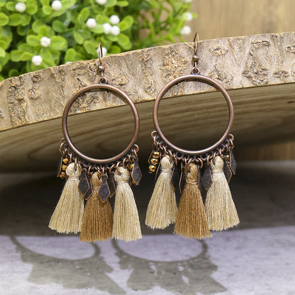 Women's Bohemian Retro Geometric Round Wooden Bead Earrings