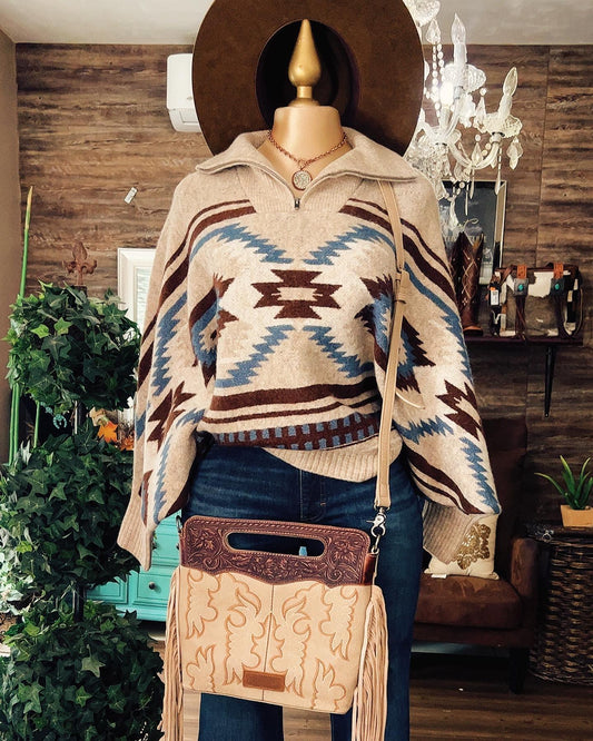 Women's Lapel Western Aztec Sweater