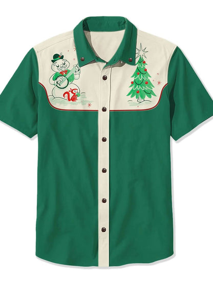 Vintage Snowman and Christmas Tree Art Print Casual 100% Cotton Shirt