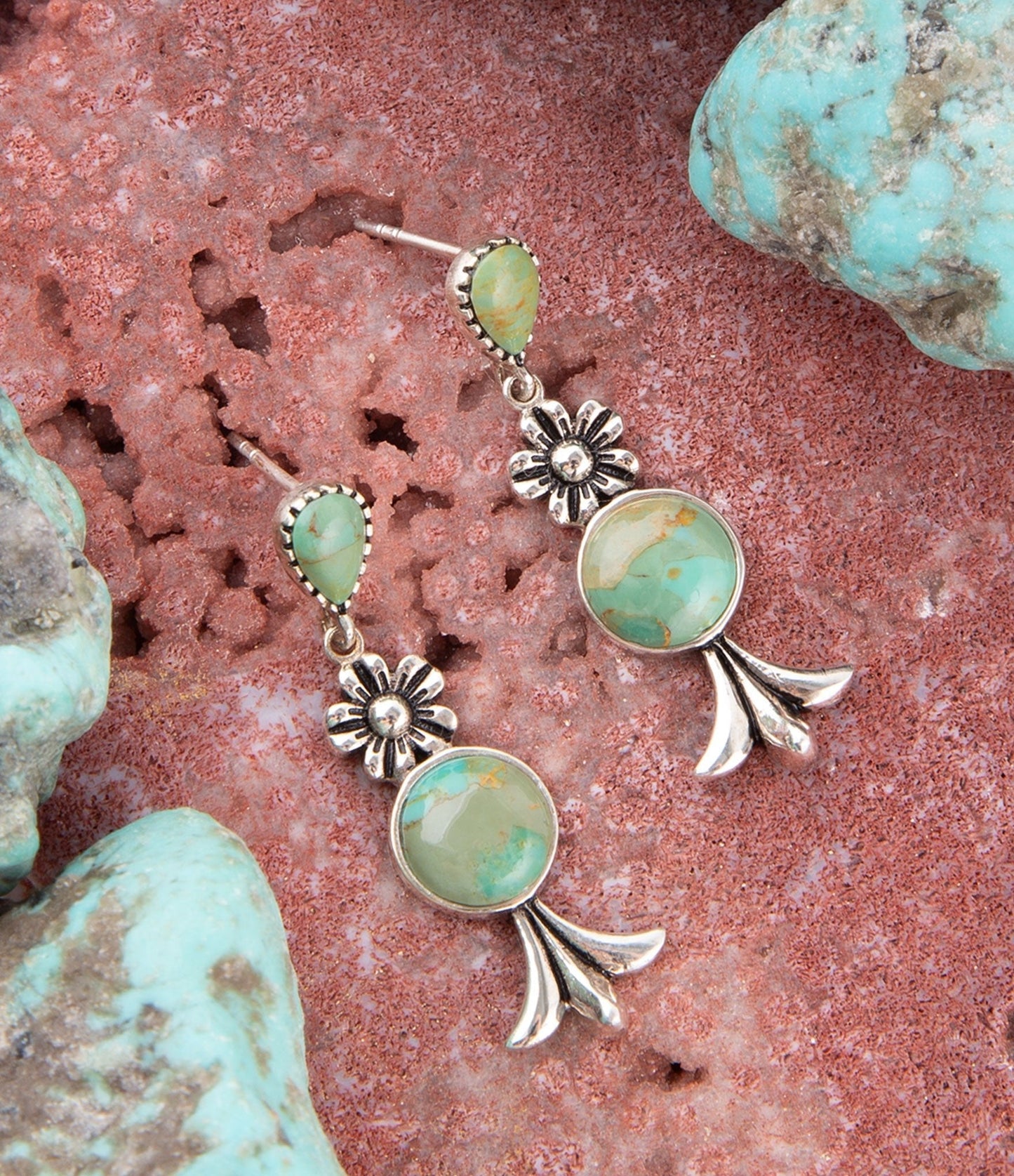 Floral Turquoise and Sterling Silver Drop Earrings