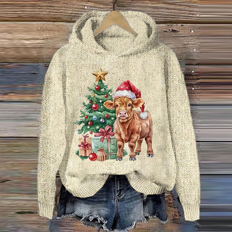 Women's Christmas Cow Print Knit Hooded Sweater