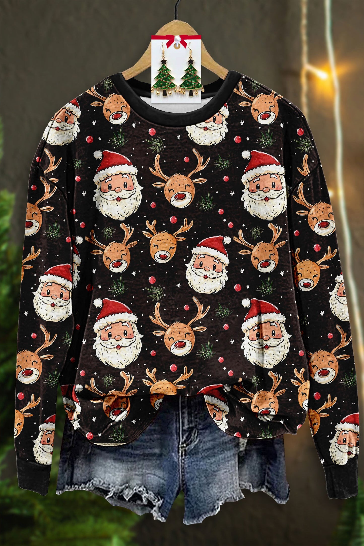 Christmas Santa Reindeers Print Sweatshirt