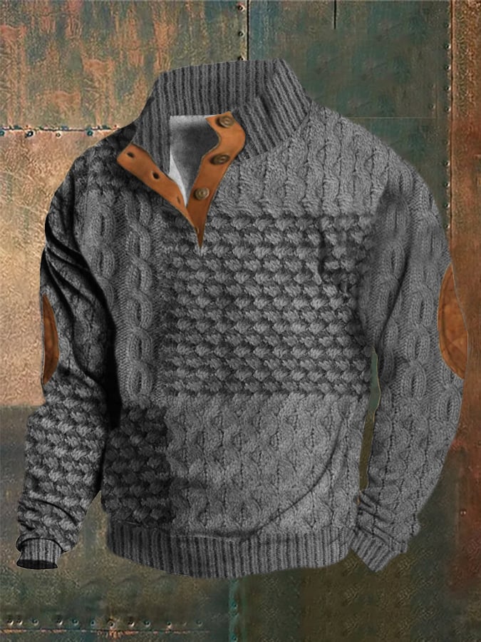 Men's Western Vintage Knitted Patchwork Printed Stand Collar Button Sweatshirt