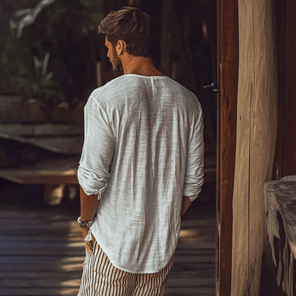 Men's Basic V-Neck Breathable Linen Long Sleeve Shirt