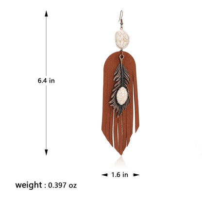 Rustic Couture's® Leather Feather Natural Stone Dangling Earring