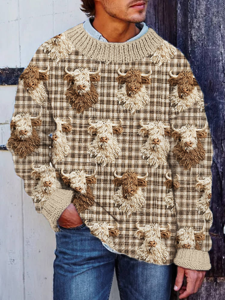 Western Fringe Highland Cow Men's Vintage Sweater