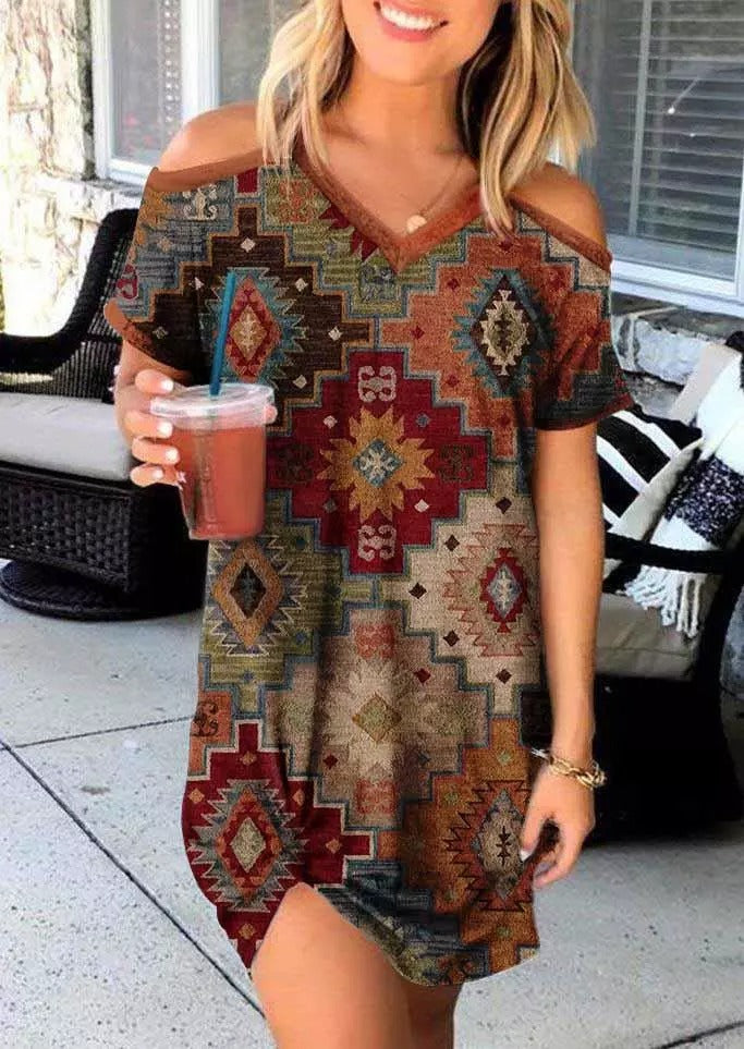 Aztec Geometric Cold Shoulder Mini Dress