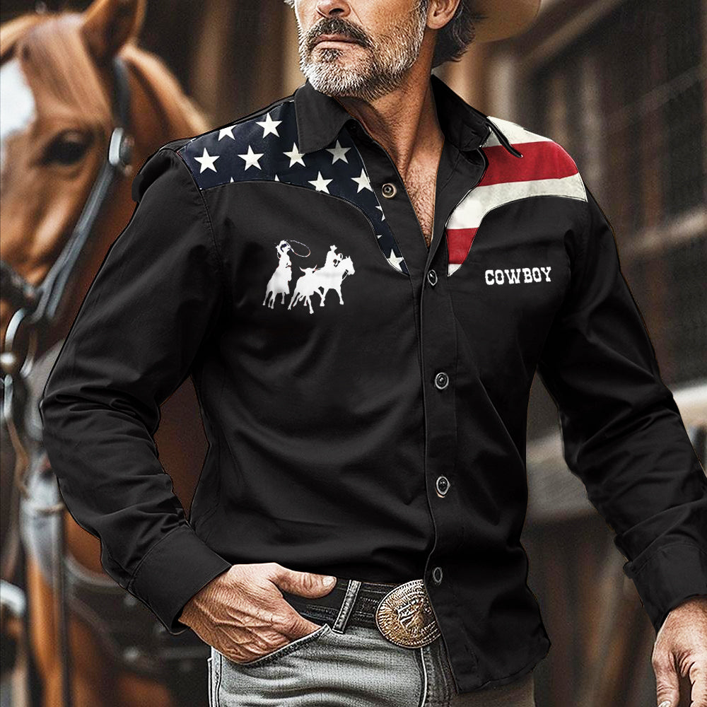 Men's Western Nomad Rodeo Team Roping Distressed Grunge USA Cowboy Print Long Sleeve Shirt