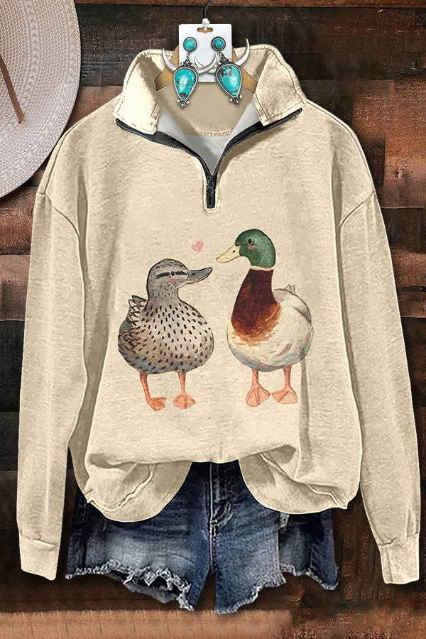 Cute Duck Print Zipper Sweatshirt