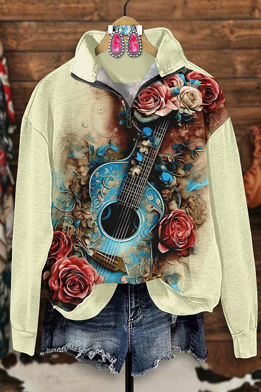 Retro Western Festival Print Zip-Up Sweatshirt