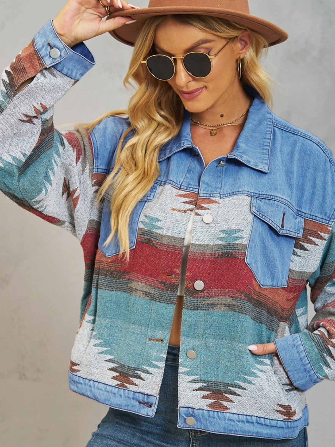 Aztec Button Up Dropped Shoulder Denim Jacket