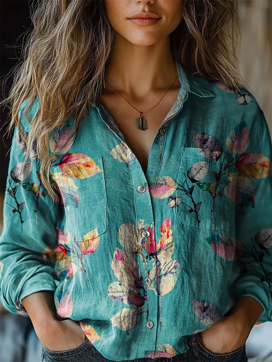 Women's Floral Art Print Casual Long Sleeve Comfortable Cotton Shirt