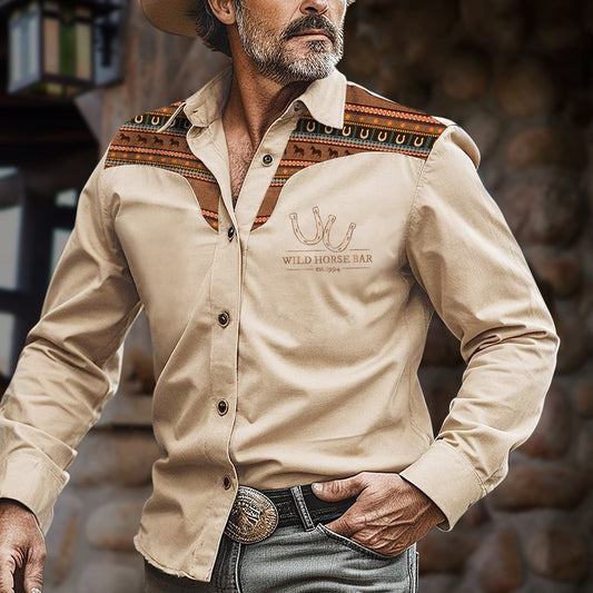 Men's Western Cowboy Vintage Western Bar Horseshoe Ethnic Pattern Print Long Sleeve Shirt