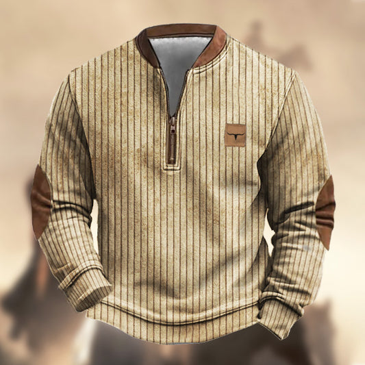 Men's Cashmere Corduroy Vintage Yellowstone Western Longhorn Zipper Stand Collar Khaki Casual Sweatshirt