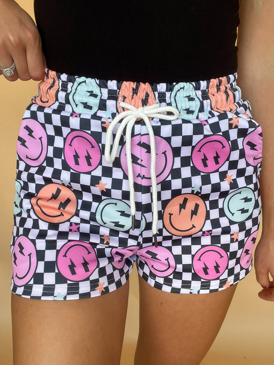 Checkered Smiley Print Shorts