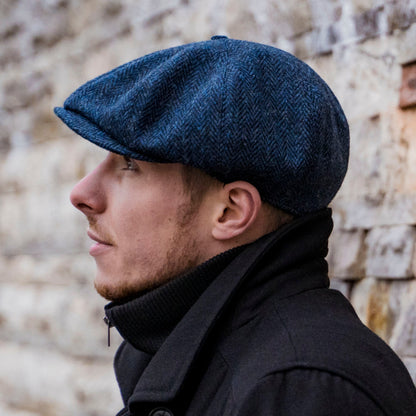 PEAKED CAPS - HARRIS TWEED Genuine Scottish Harris Tweed 8 Panels Man Cap Blue