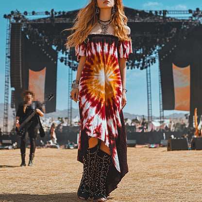 Coachella Music Festival Rock Rave Party Tie-Dye Ruffle Floral Fringed Lace Vintage Dress